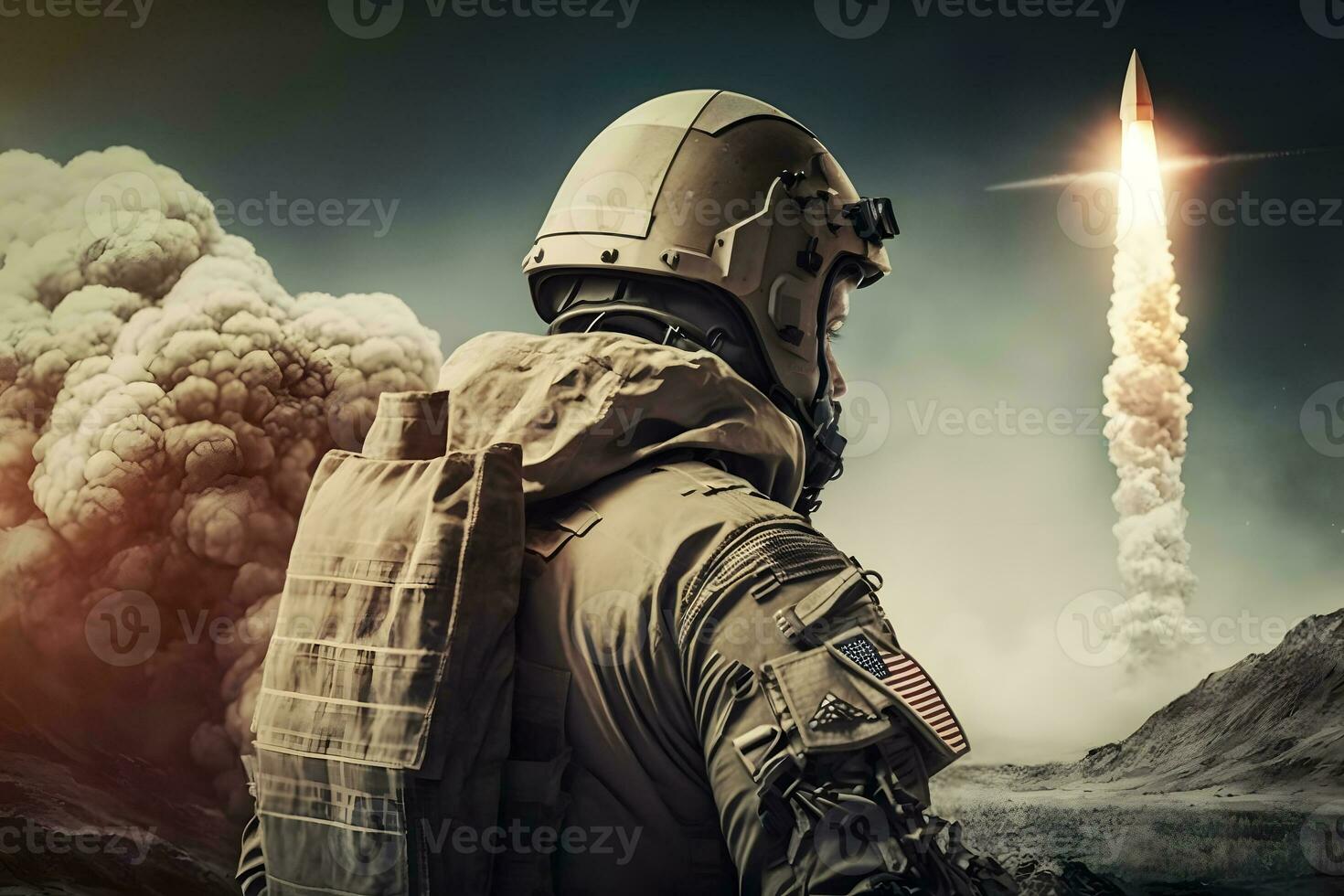 Soldier in front of a ballistic missile launch. Neural network AI generated photo