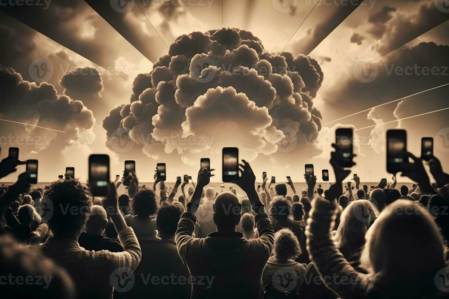 Crowd of people photographing mushroom cloud. Neural network AI generated photo