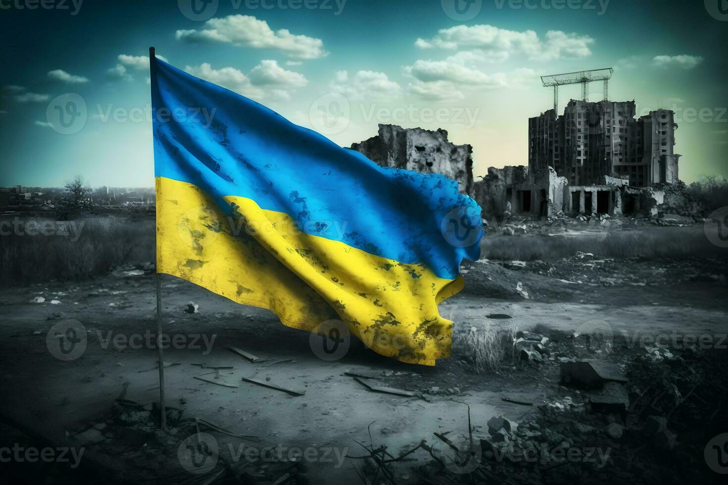 Flag of Ukraine and destroyed building. War concept. Neural network AI generated photo