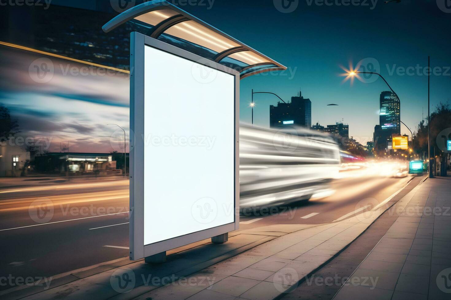 Blank advertising light box on bus stop, mockup of empty ad billboard on night bus station, template banner on background city street for text. Neural network AI generated photo