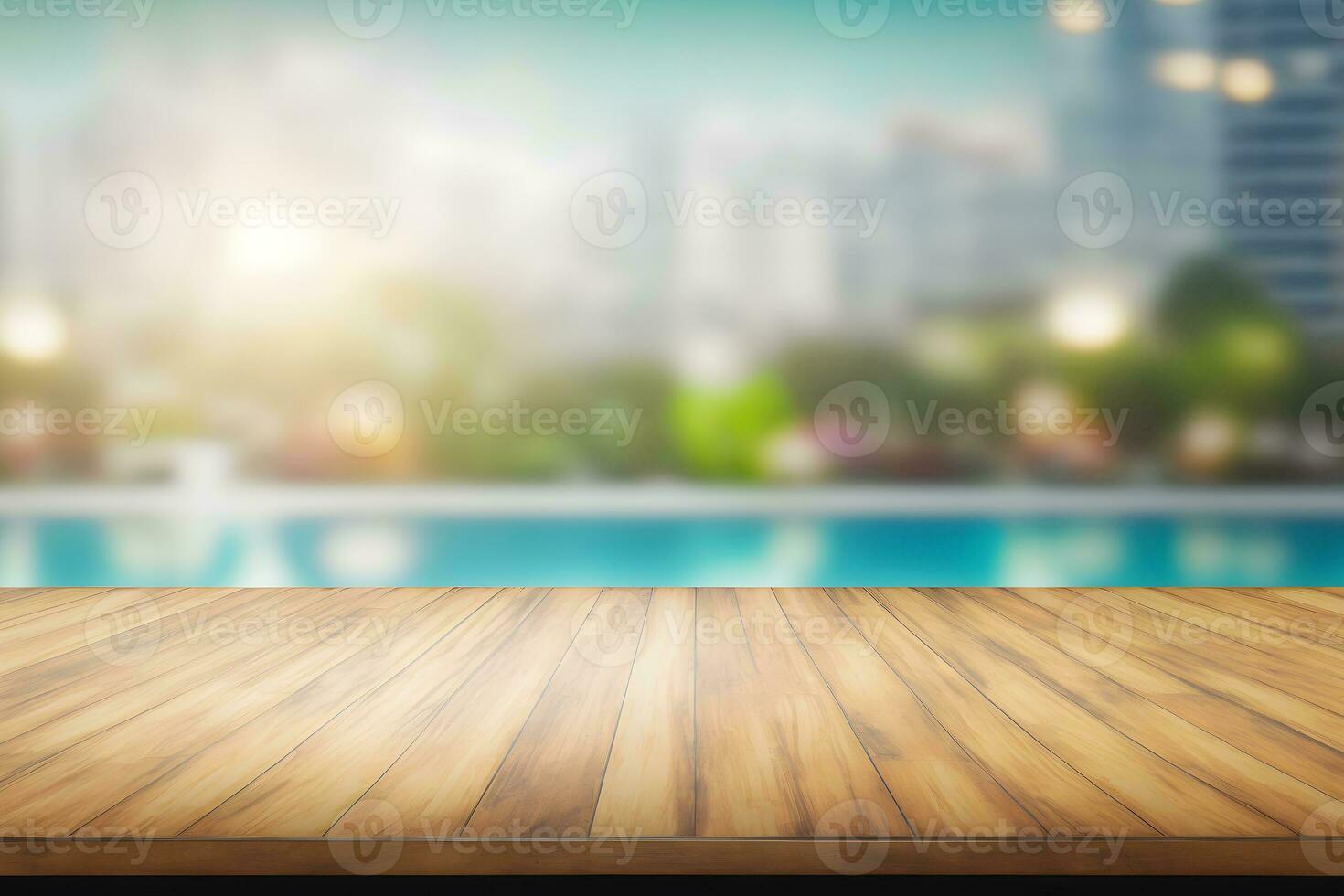 Empty wooden table in front with blurred background of swimming pool. Neural network AI generated photo