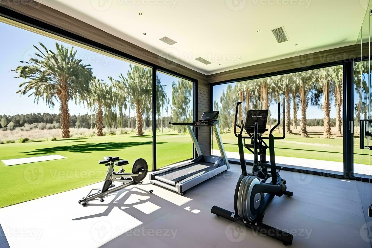 Private gym in luxury home. Neural network AI generated photo