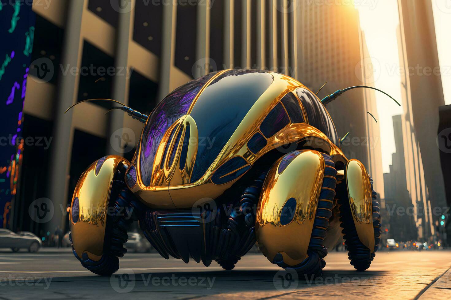 Modern futuristic car with bettle design in city center. Neural network generated art photo