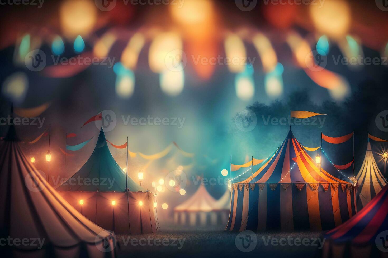 Night view of a circus tents and many light lamps with blurred background. Neural network AI generated photo