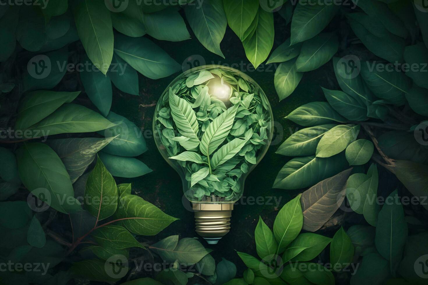 light bulb against nature on green leafs energy sources for renewable, sustainable development. Ecology concept. Neural network AI generated photo