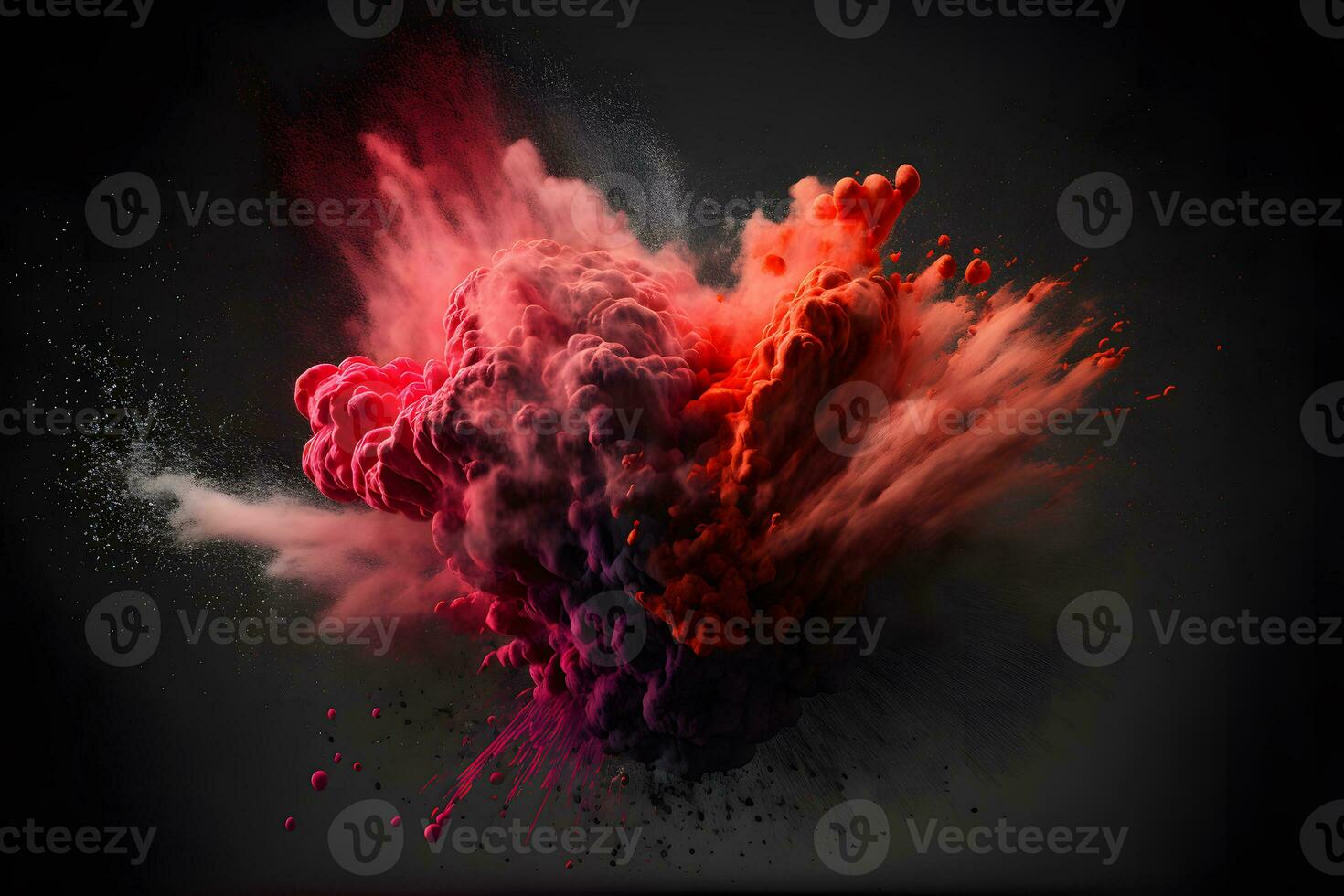 Explosion of red color paint powder on black background. Neural network generated art photo