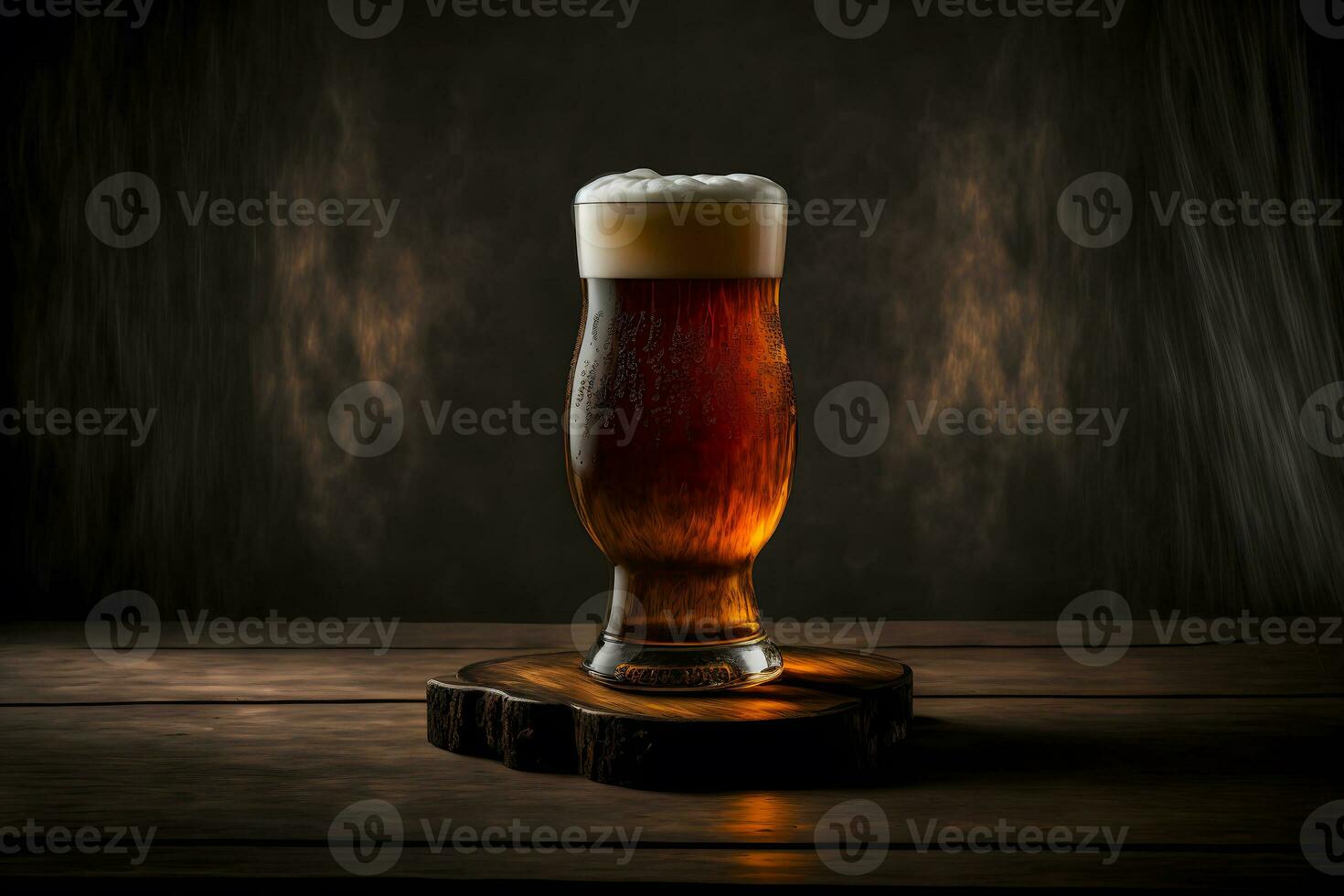 Beautiful beer with foam in classic beer glass in dark scene. Neural network generated art photo