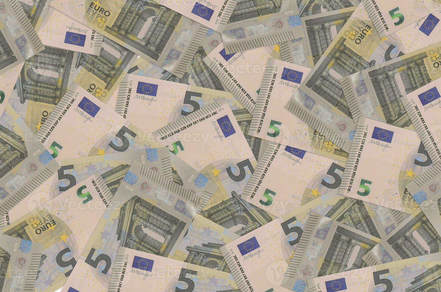 5 euro bills lies in big pile. Rich life conceptual background photo