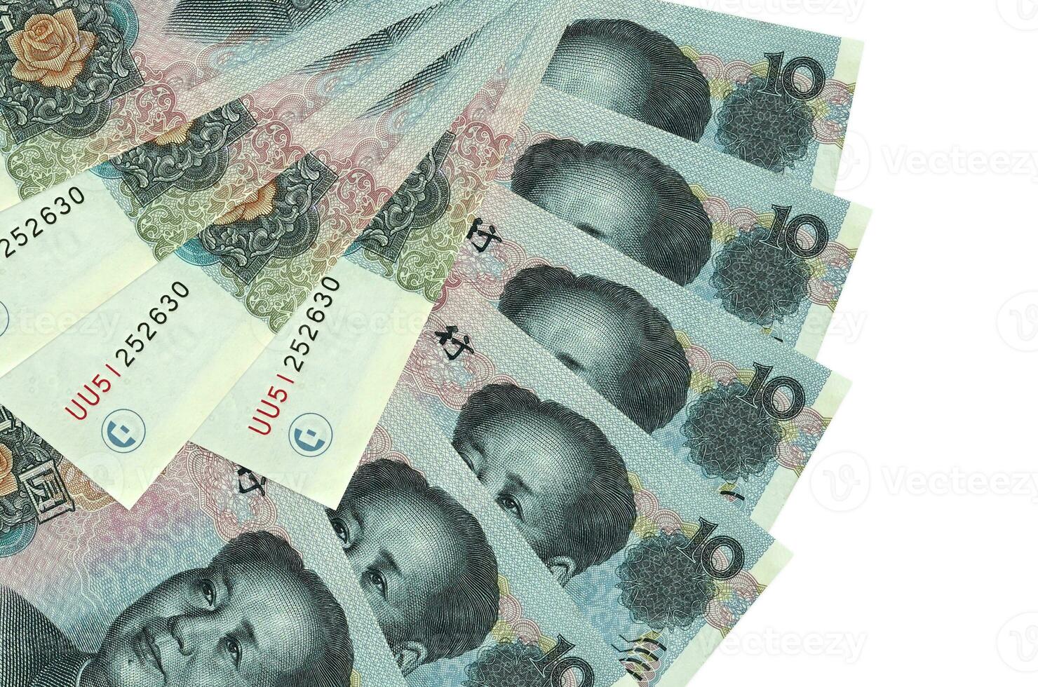 10 Chinese yuan bills lies isolated on white background with copy space stacked in fan shape close up photo