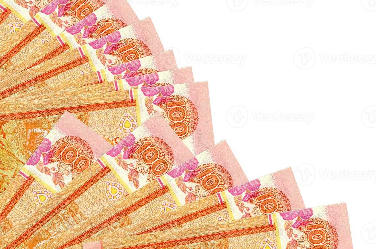 100 Sri Lankan rupees bills lies isolated on white background with copy space stacked in fan close up photo