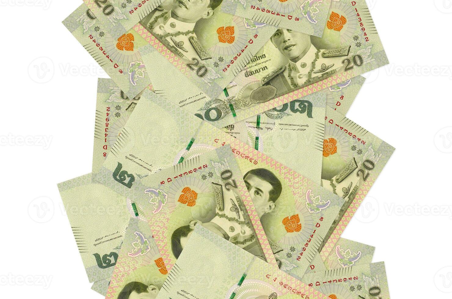 20 Thai Baht bills flying down isolated on white. Many banknotes falling with white copyspace on left and right side photo