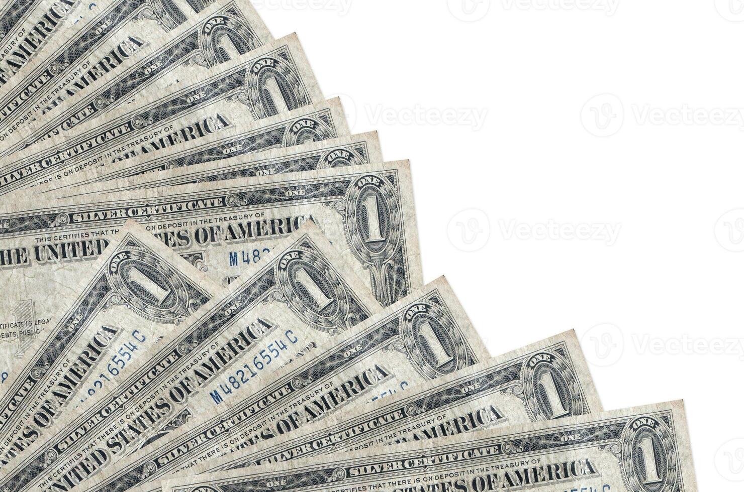 1 US dollar bills lies isolated on white background with copy space stacked in fan close up photo