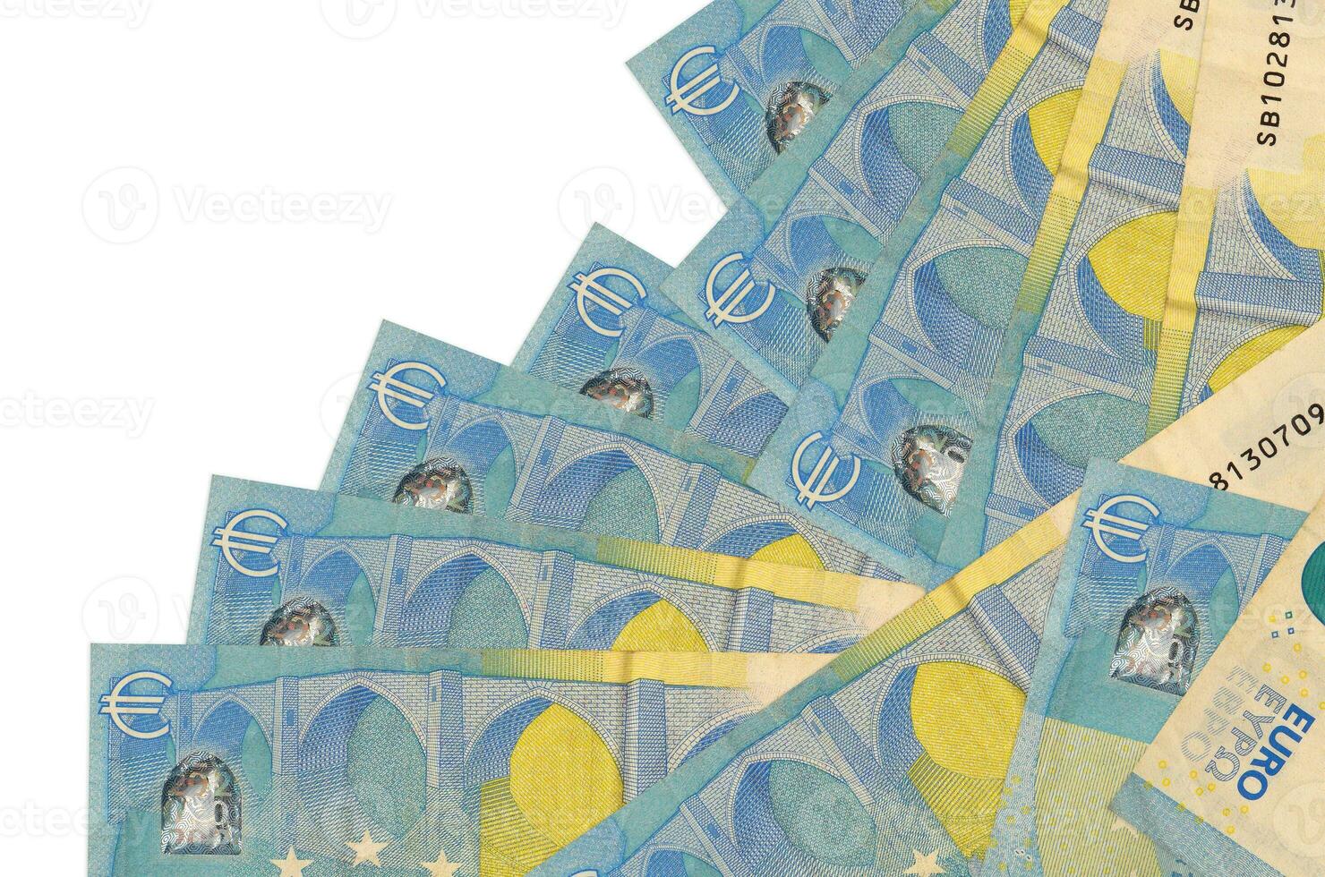 20 euro bills lies in different order isolated on white. Local banking or money making concept photo