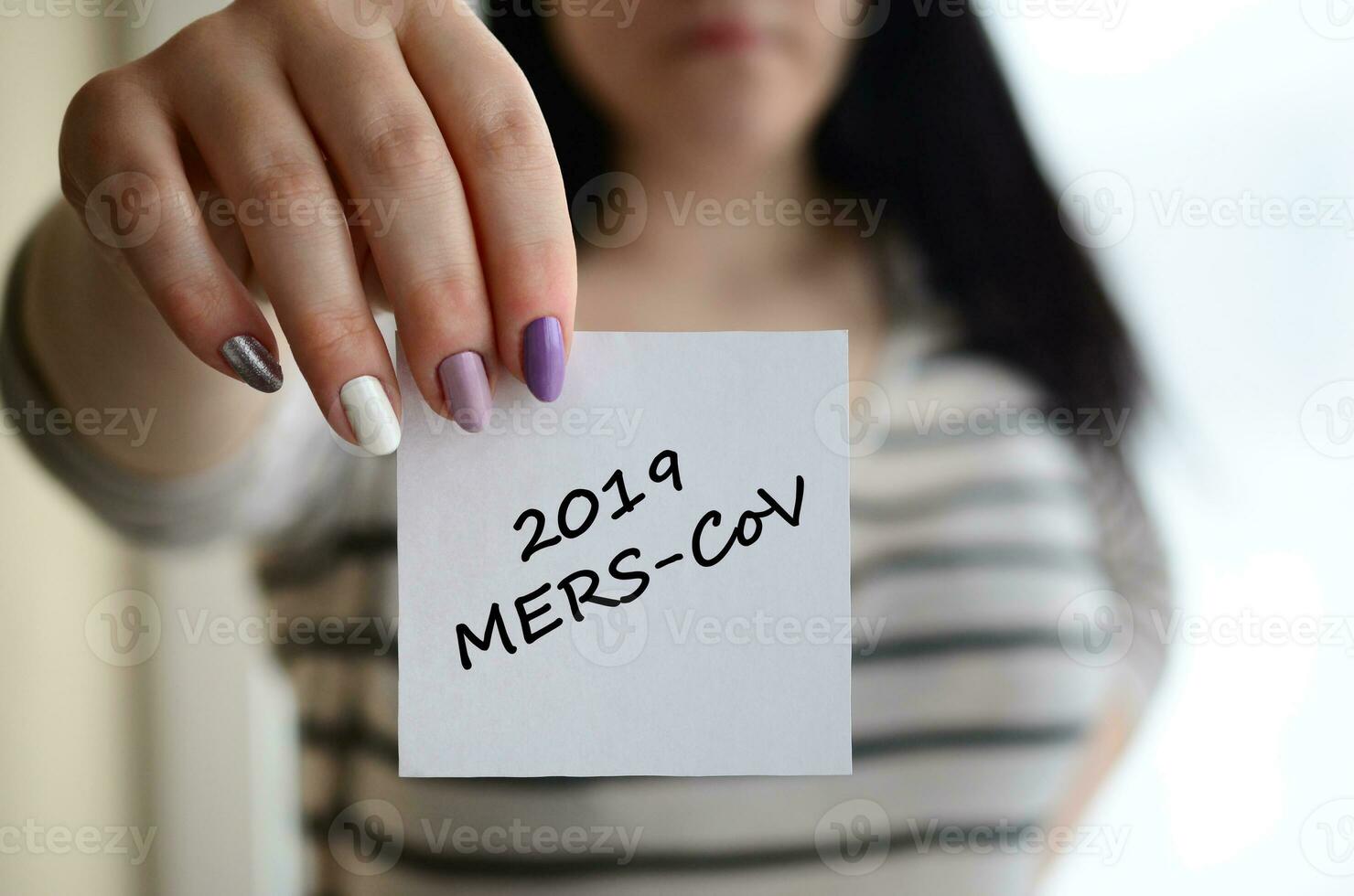 MERS-CoV Novel Corona virus inscription on paper in female hand. Middle East Respiratory Syndrome. Chinese infection photo