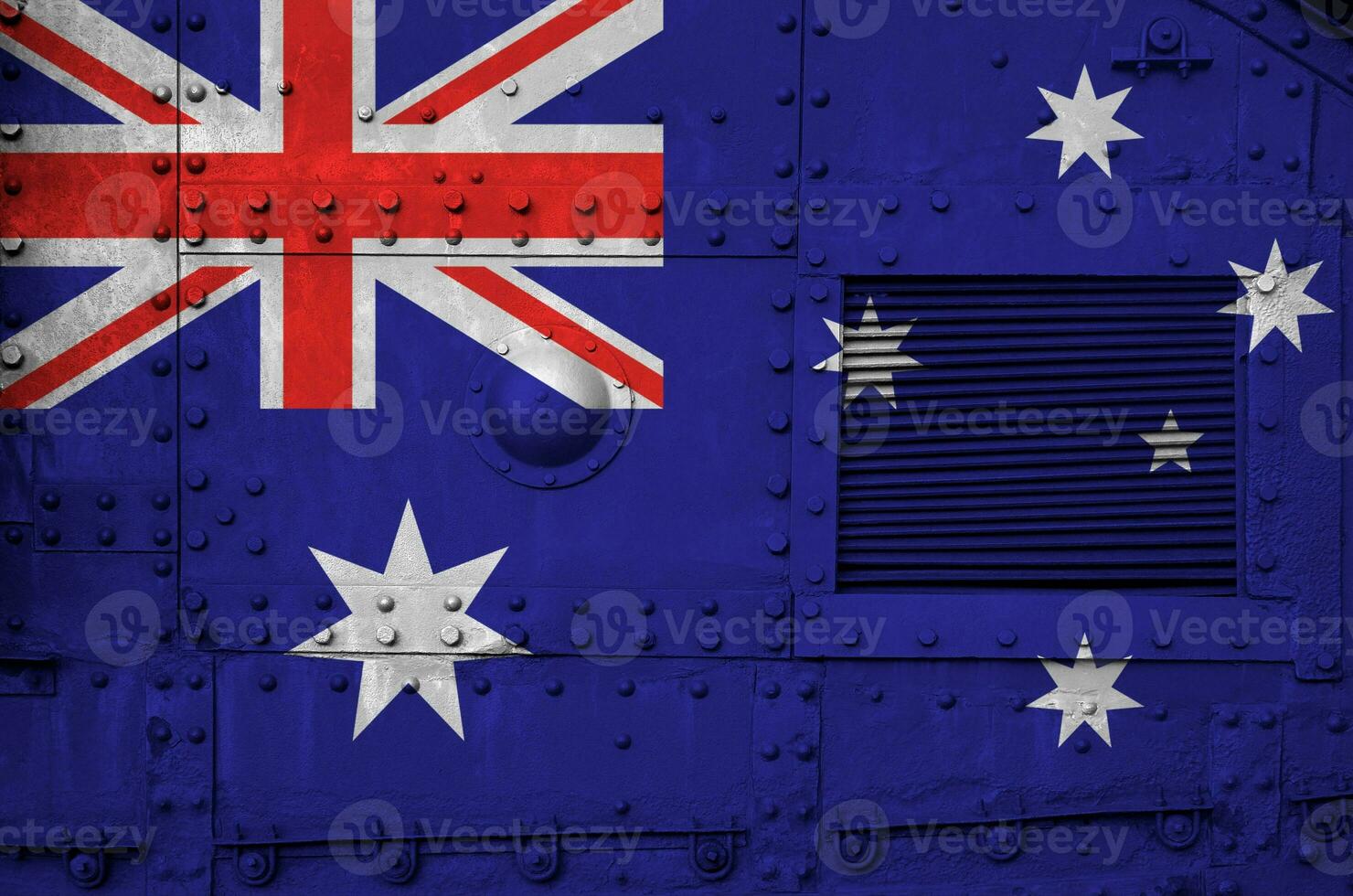 Australia flag depicted on side part of military armored tank closeup. Army forces conceptual background photo