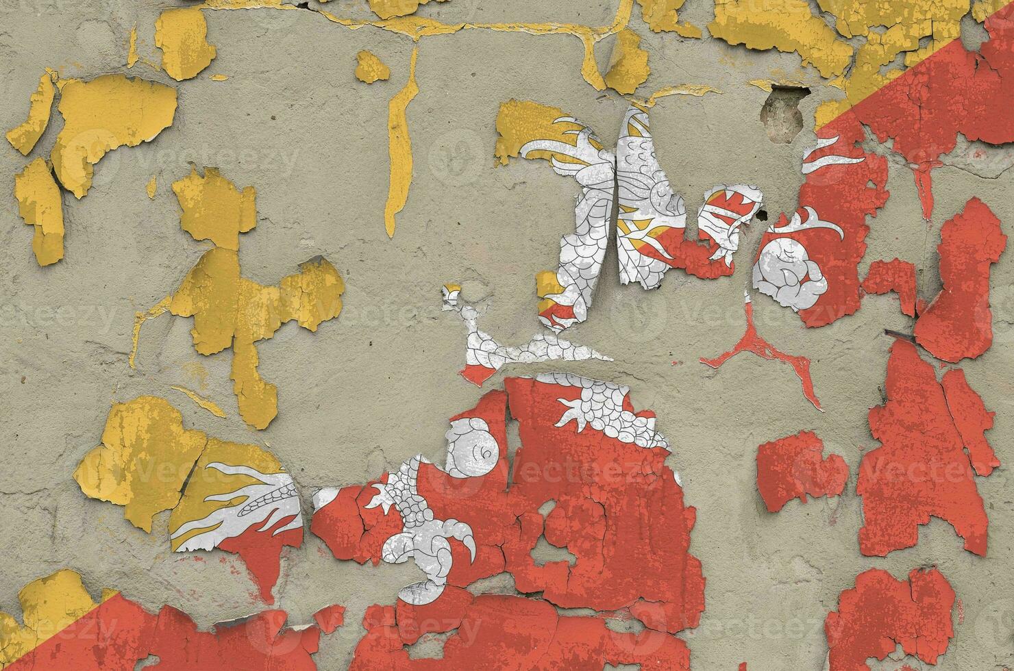 Bhutan flag depicted in paint colors on old obsolete messy concrete wall closeup. Textured banner on rough background photo