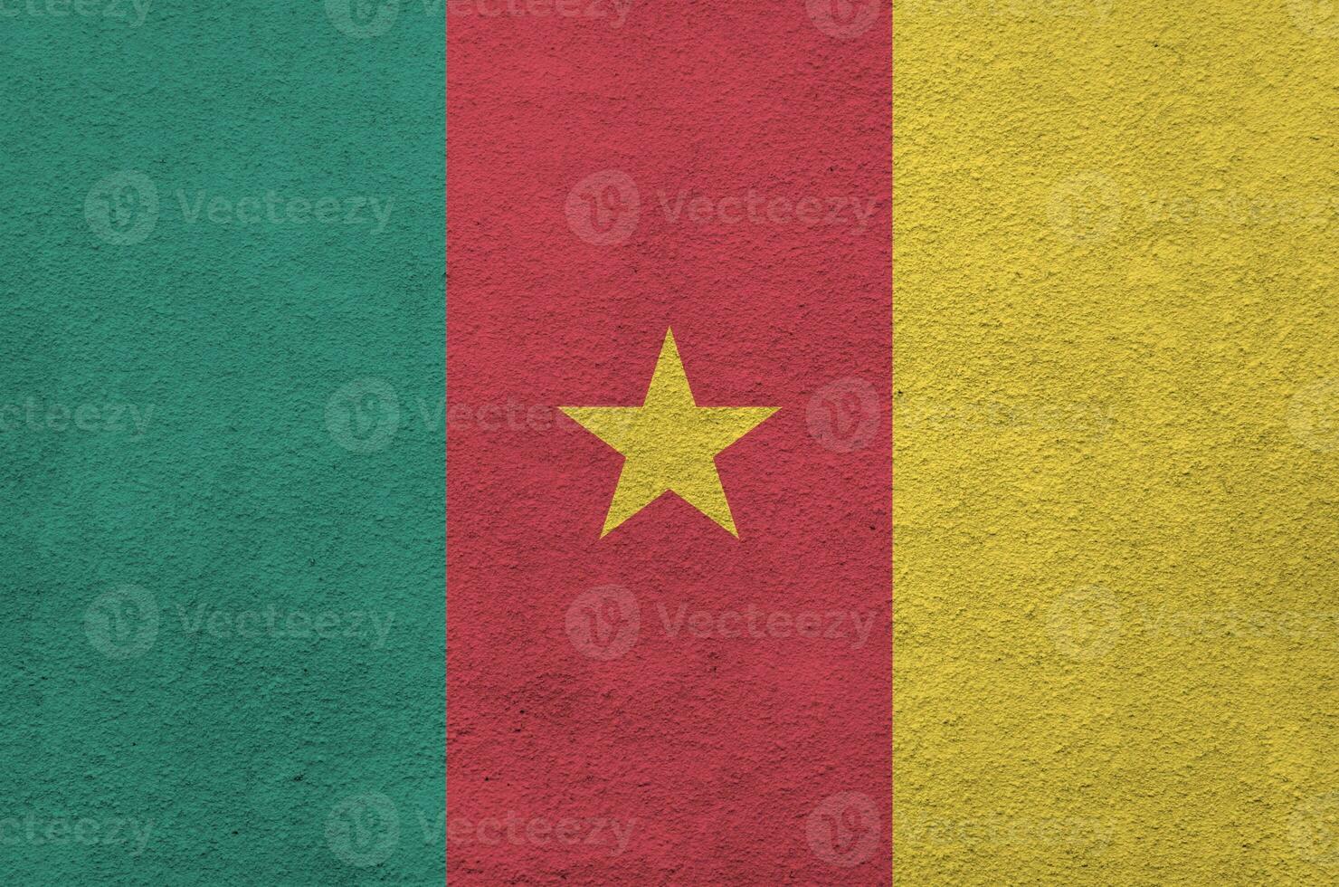 Cameroon flag depicted in bright paint colors on old relief plastering wall. Textured banner on rough background photo