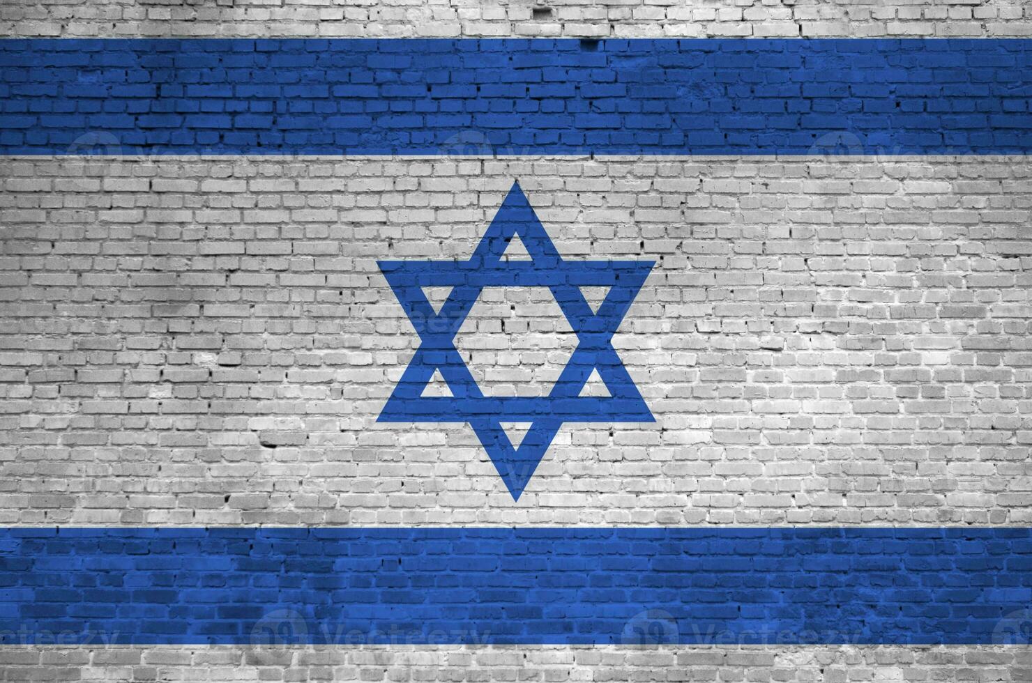 Israel flag depicted in paint colors on old brick wall. Textured banner on big brick wall masonry background photo