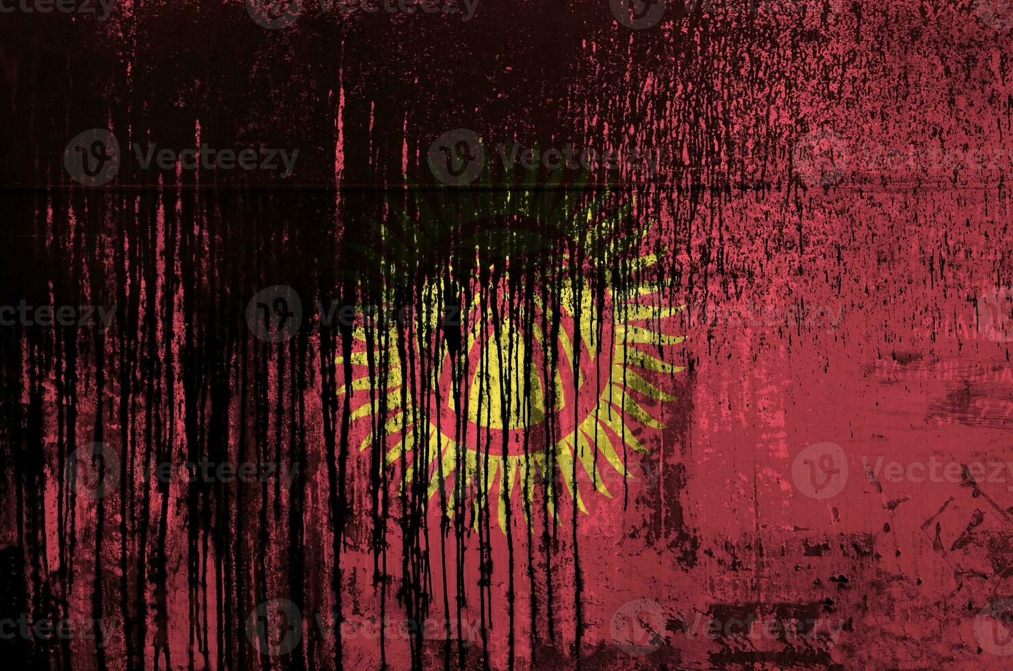 Kyrgyzstan flag depicted in paint colors on old and dirty oil barrel wall closeup. Textured banner on rough background photo