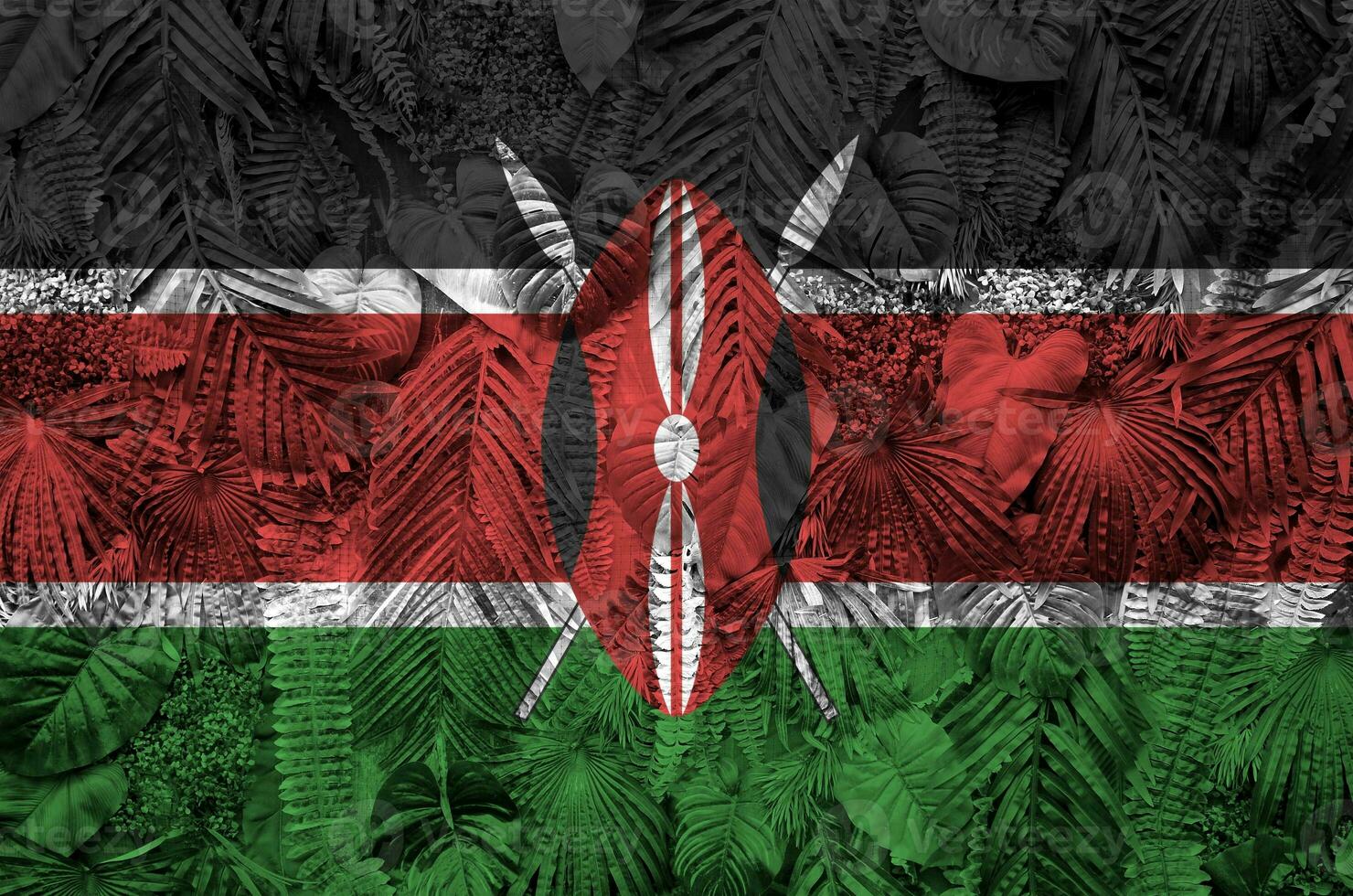 Kenya flag depicted on many leafs of monstera palm trees. Trendy fashionable backdrop photo