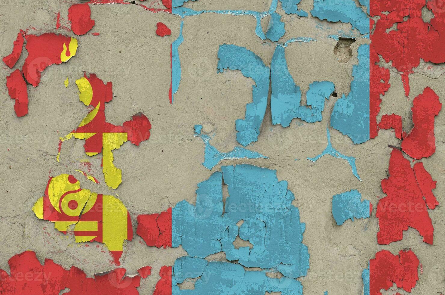 Mongolia flag depicted in paint colors on old obsolete messy concrete wall closeup. Textured banner on rough background photo