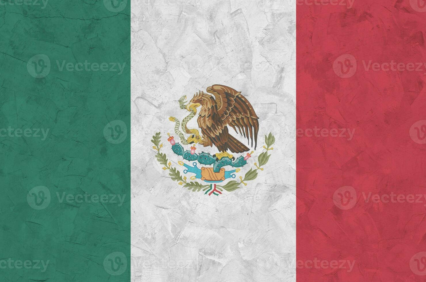 Mexico flag depicted in bright paint colors on old relief plastering wall. Textured banner on rough background photo
