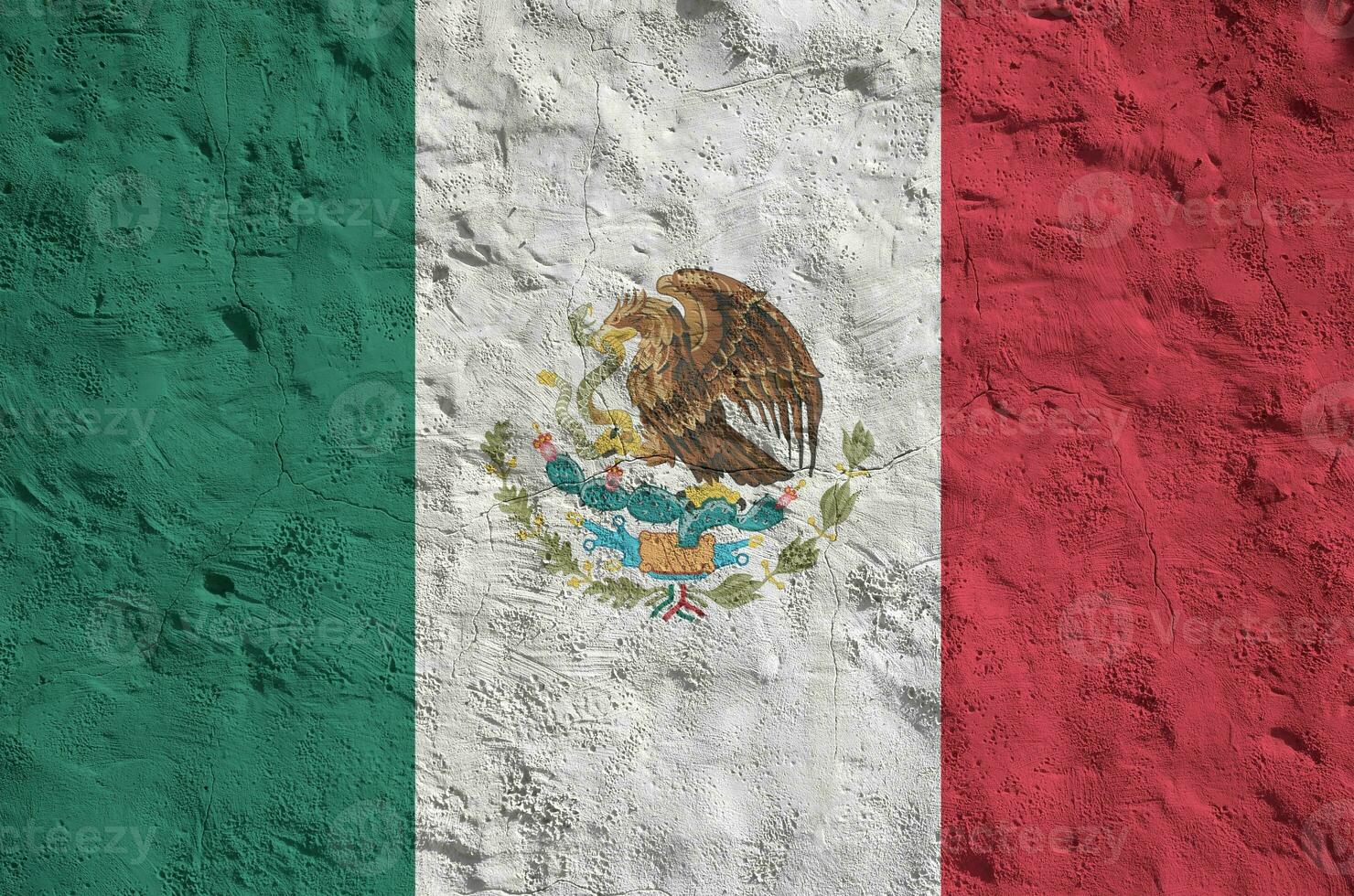 Mexico flag depicted in bright paint colors on old relief plastering wall. Textured banner on rough background photo