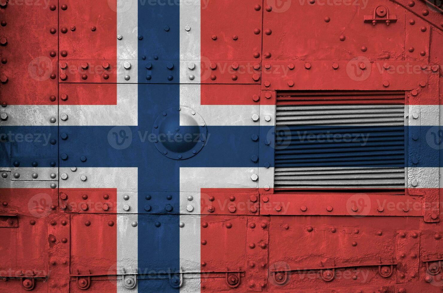 Norway flag depicted on side part of military armored tank closeup. Army forces conceptual background photo