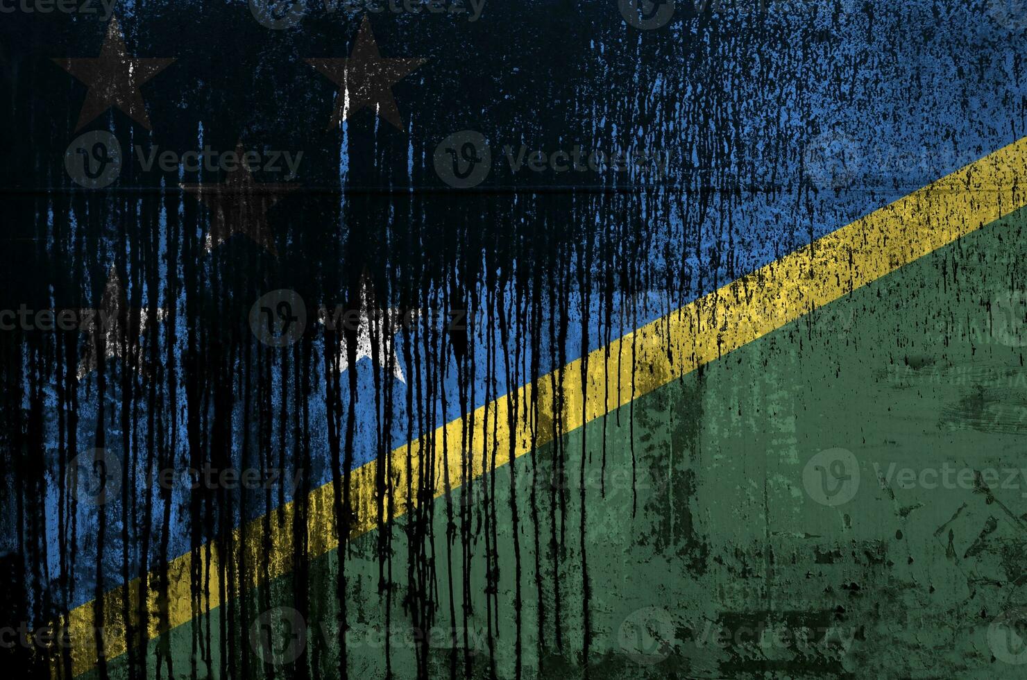 Solomon Islands flag depicted in paint colors on old and dirty oil barrel wall closeup. Textured banner on rough background photo
