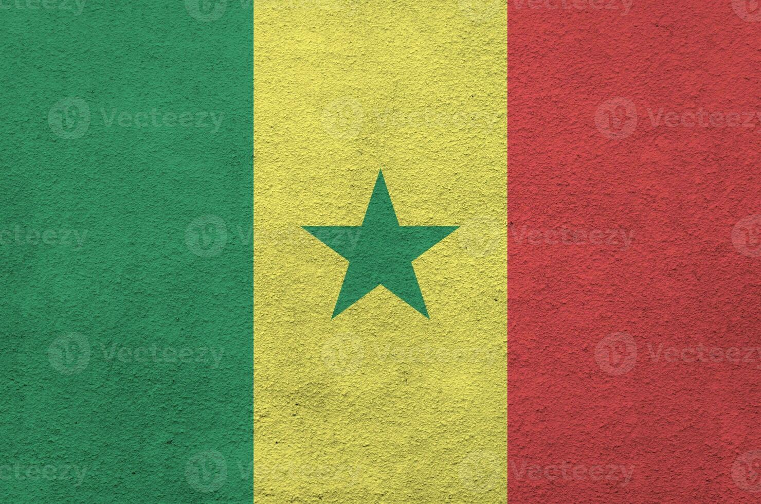 Senegal flag depicted in bright paint colors on old relief plastering wall. Textured banner on rough background photo