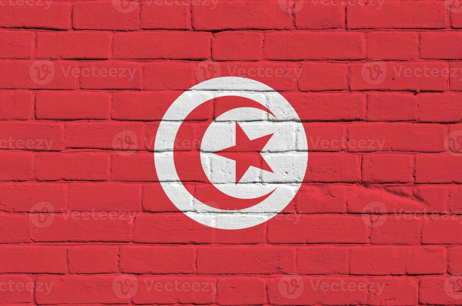 Tunisia flag depicted in paint colors on old brick wall. Textured banner on big brick wall masonry background photo