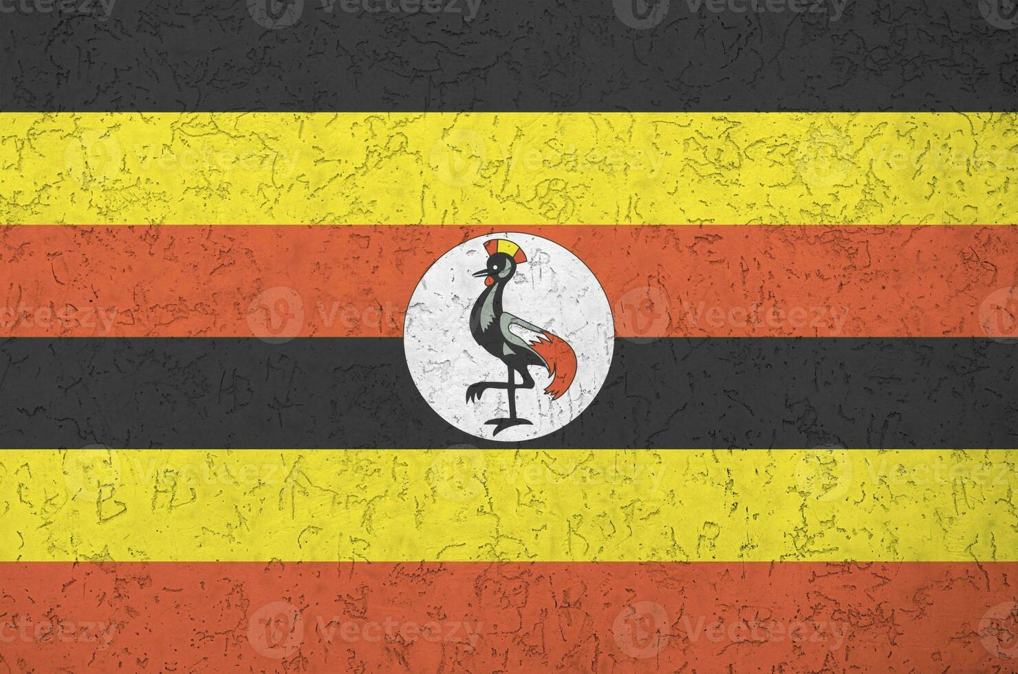 Uganda flag depicted in bright paint colors on old relief plastering wall. Textured banner on rough background photo