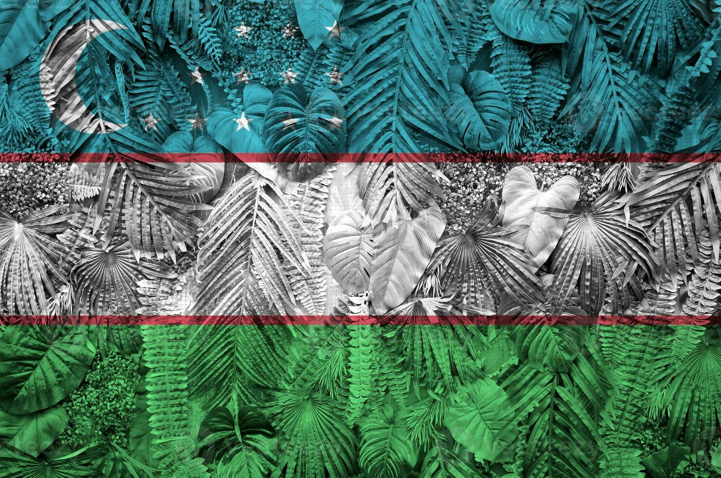 Uzbekistan flag depicted on many leafs of monstera palm trees. Trendy fashionable backdrop photo