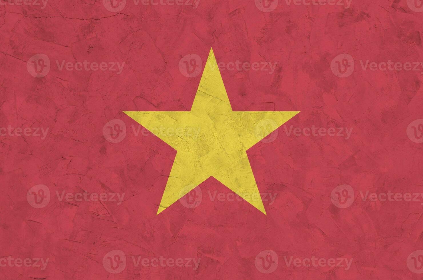 Vietnam flag depicted in bright paint colors on old relief plastering wall. Textured banner on rough background photo