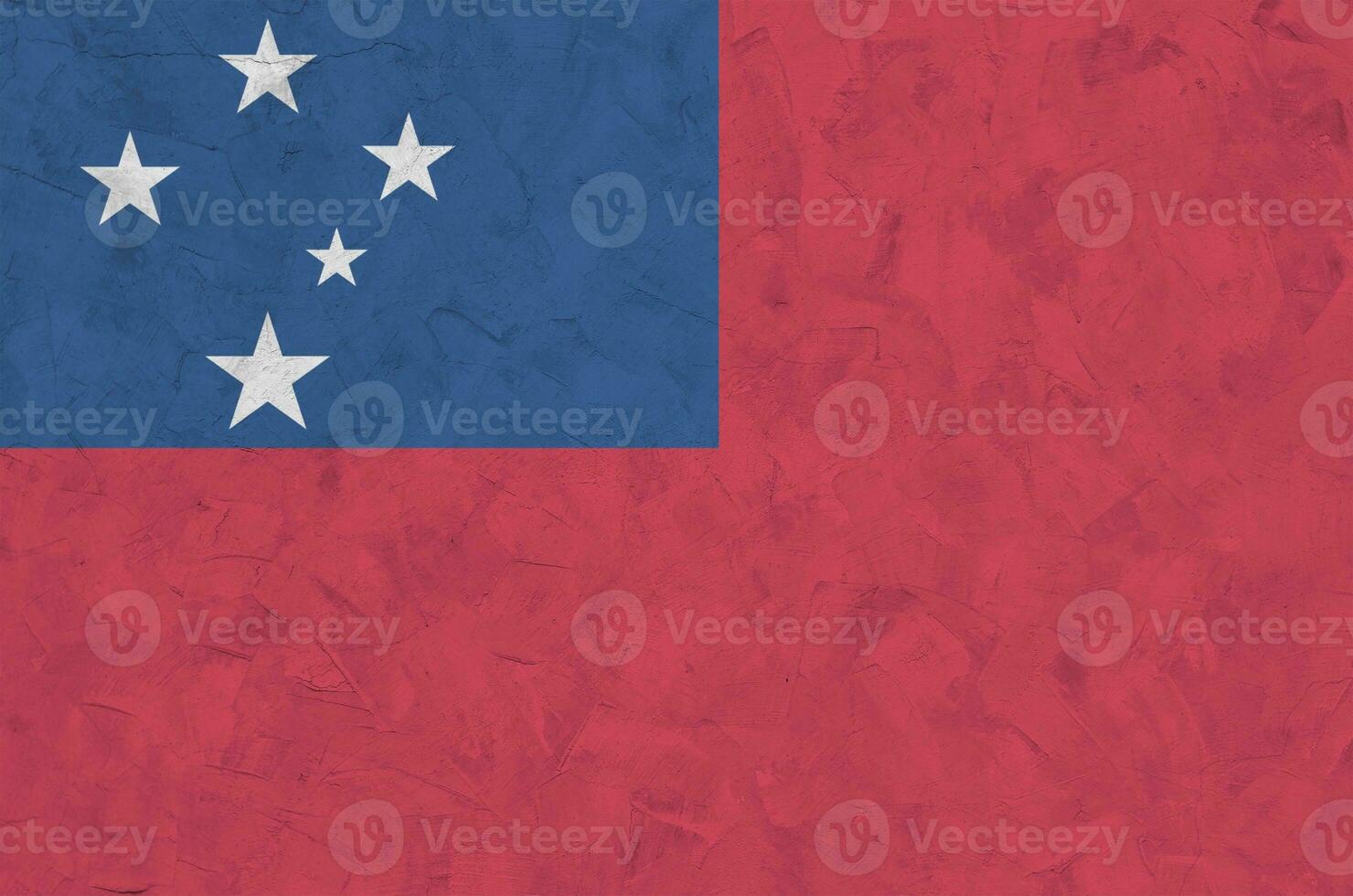Samoa flag depicted in bright paint colors on old relief plastering wall. Textured banner on rough background photo