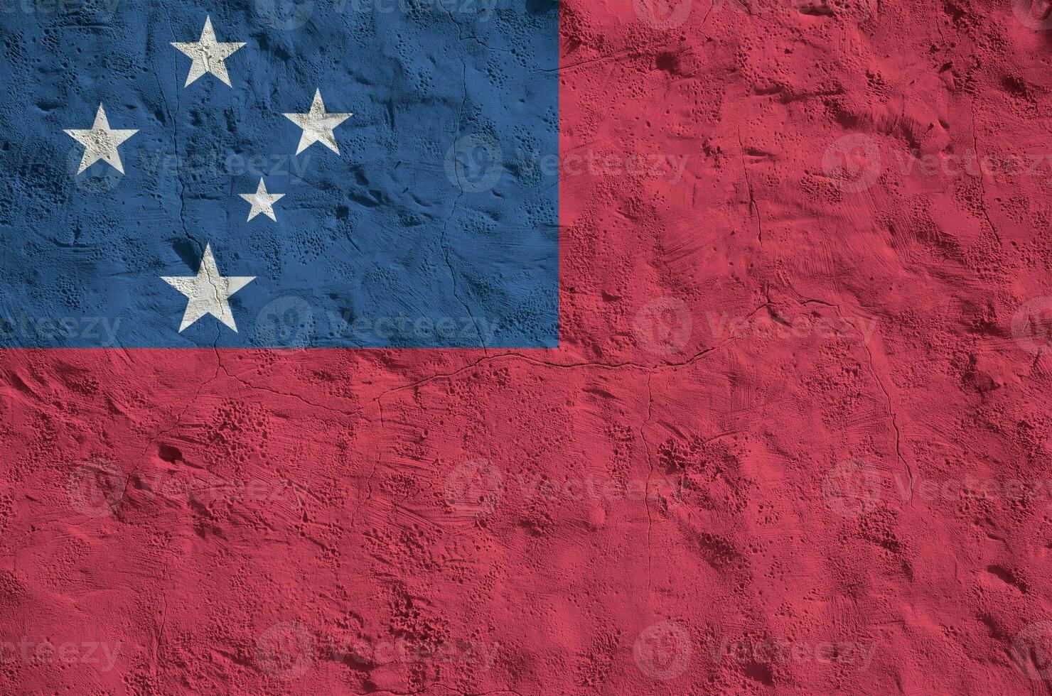 Samoa flag depicted in bright paint colors on old relief plastering wall. Textured banner on rough background photo