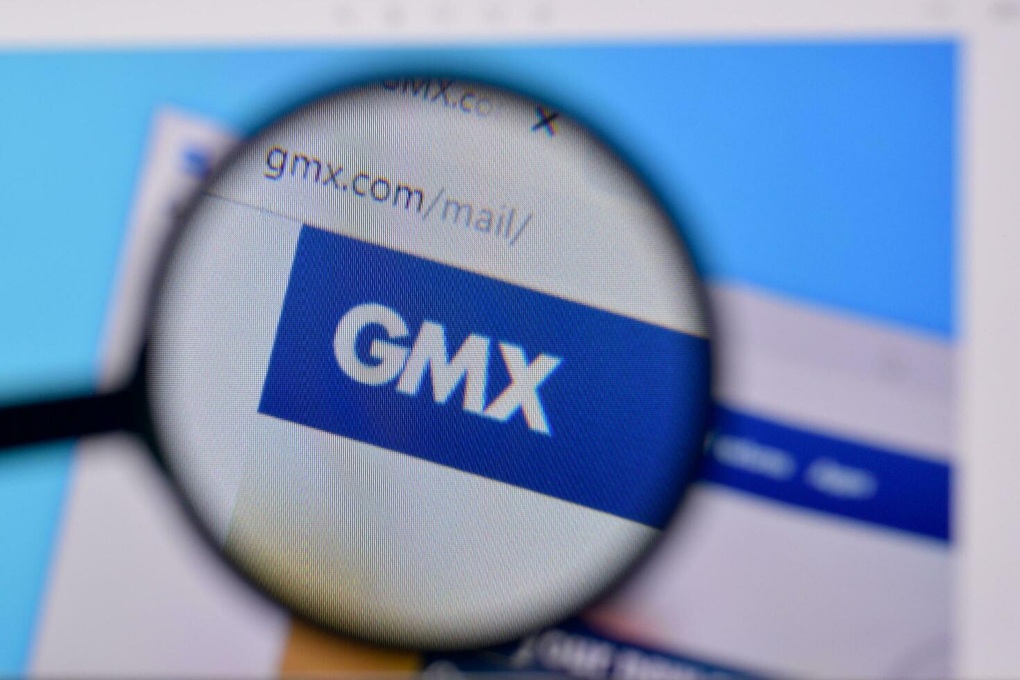 Homepage of gmx mail website on the display of PC, url - gmx.com. photo