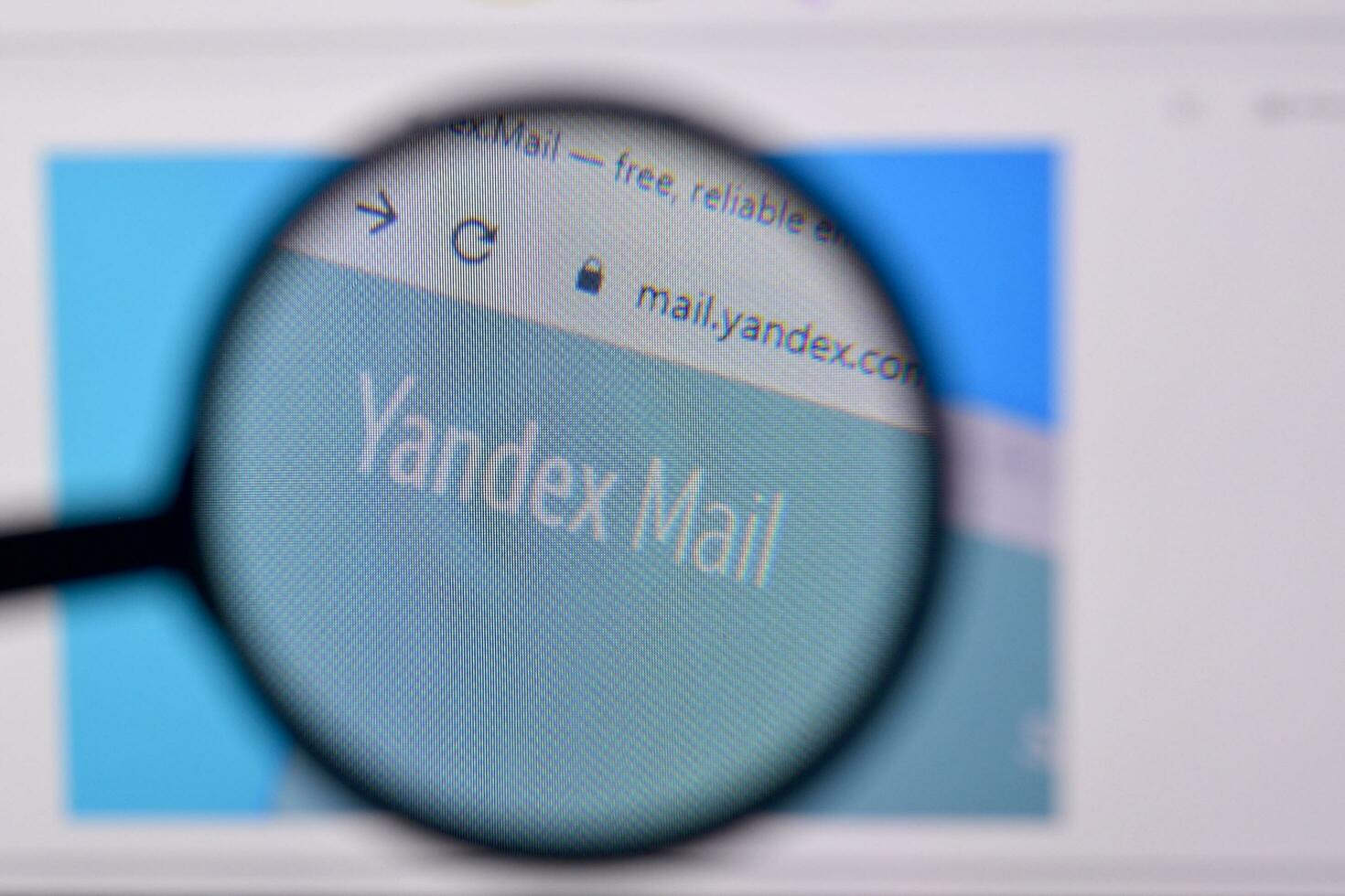 Homepage of yandex mail website on the display of PC, url - mail.yandex.com. photo