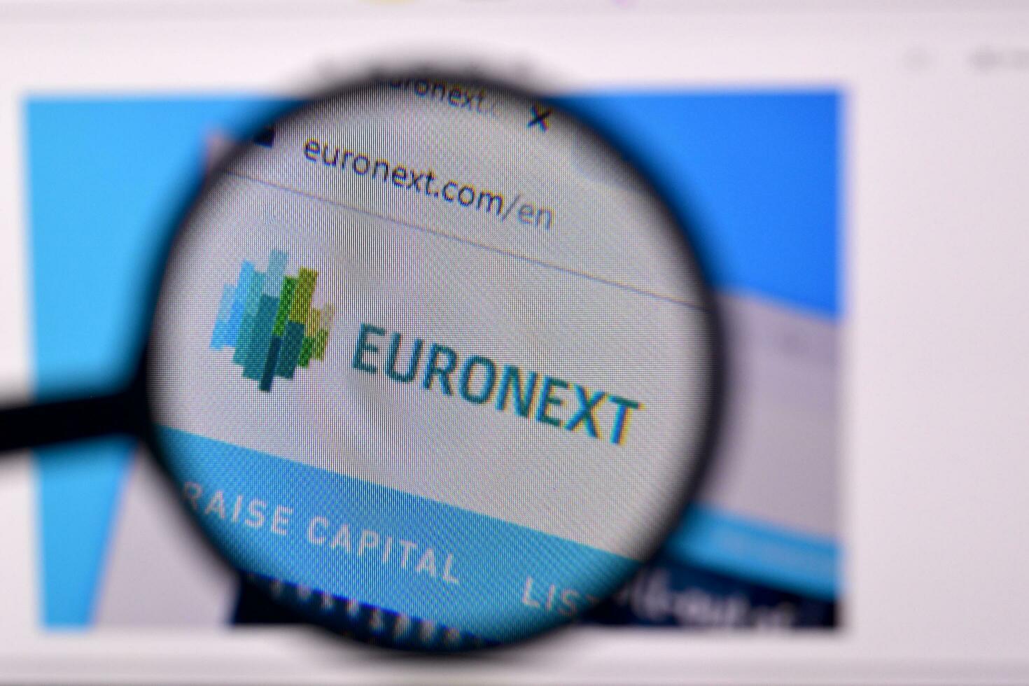 Homepage of euronext website on the display of PC, url - euronext.com. photo