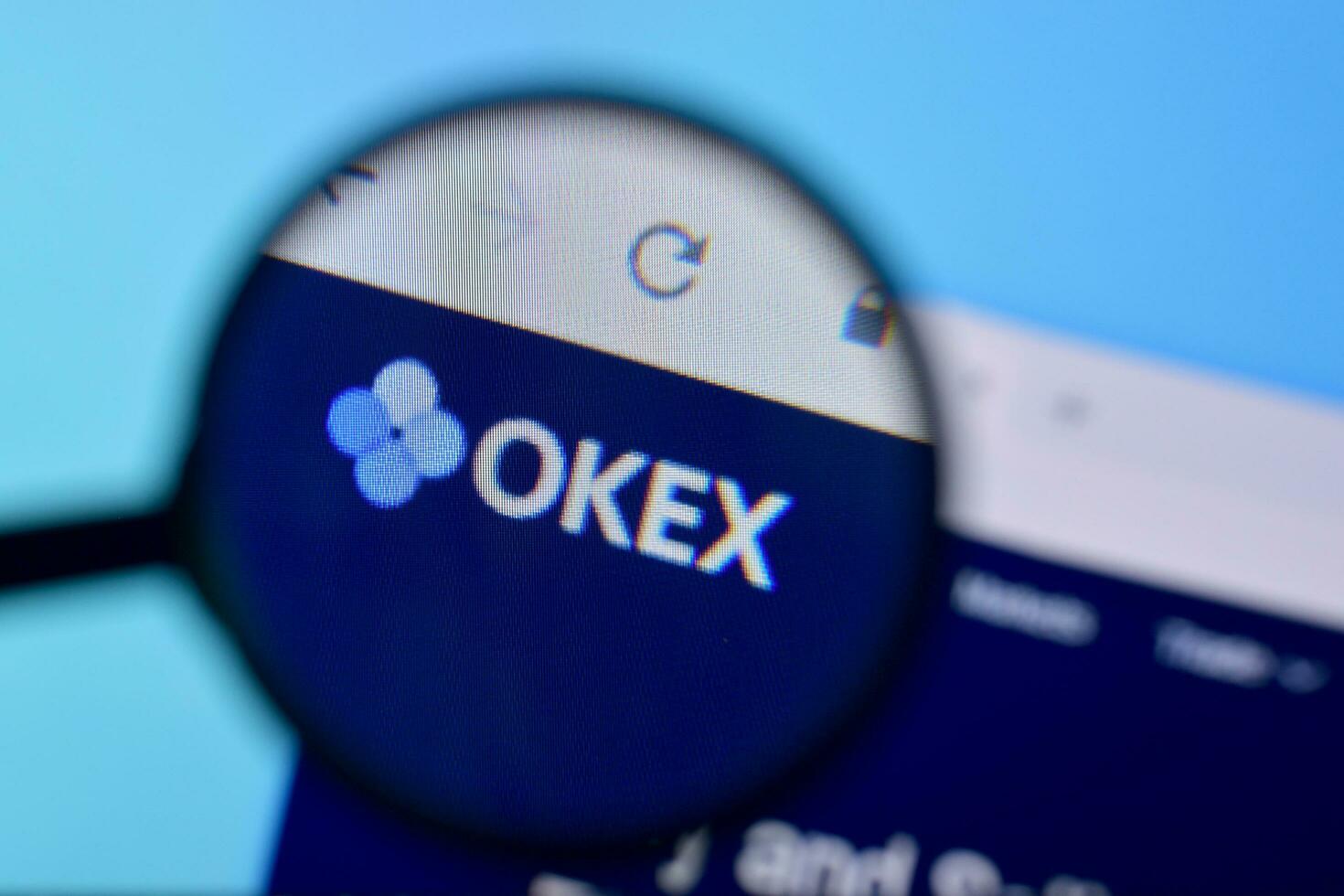 Homepage of okex website on the display of PC, url - okex.com. photo