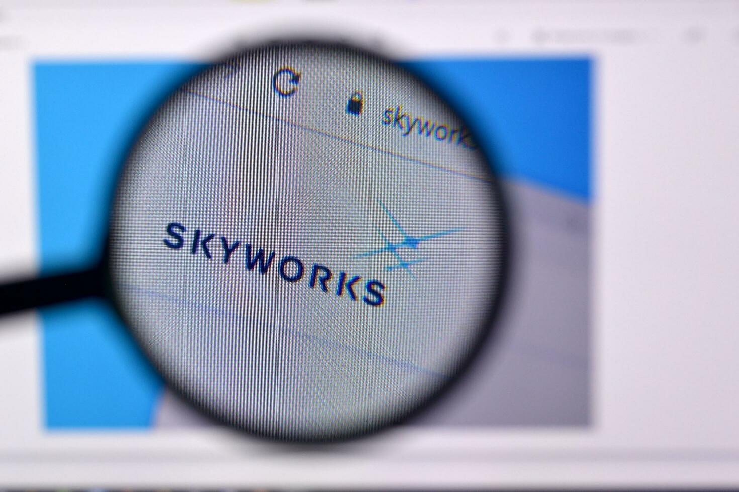 Homepage of skyworks inc website on the display of PC, url - skyworksinc.com. photo