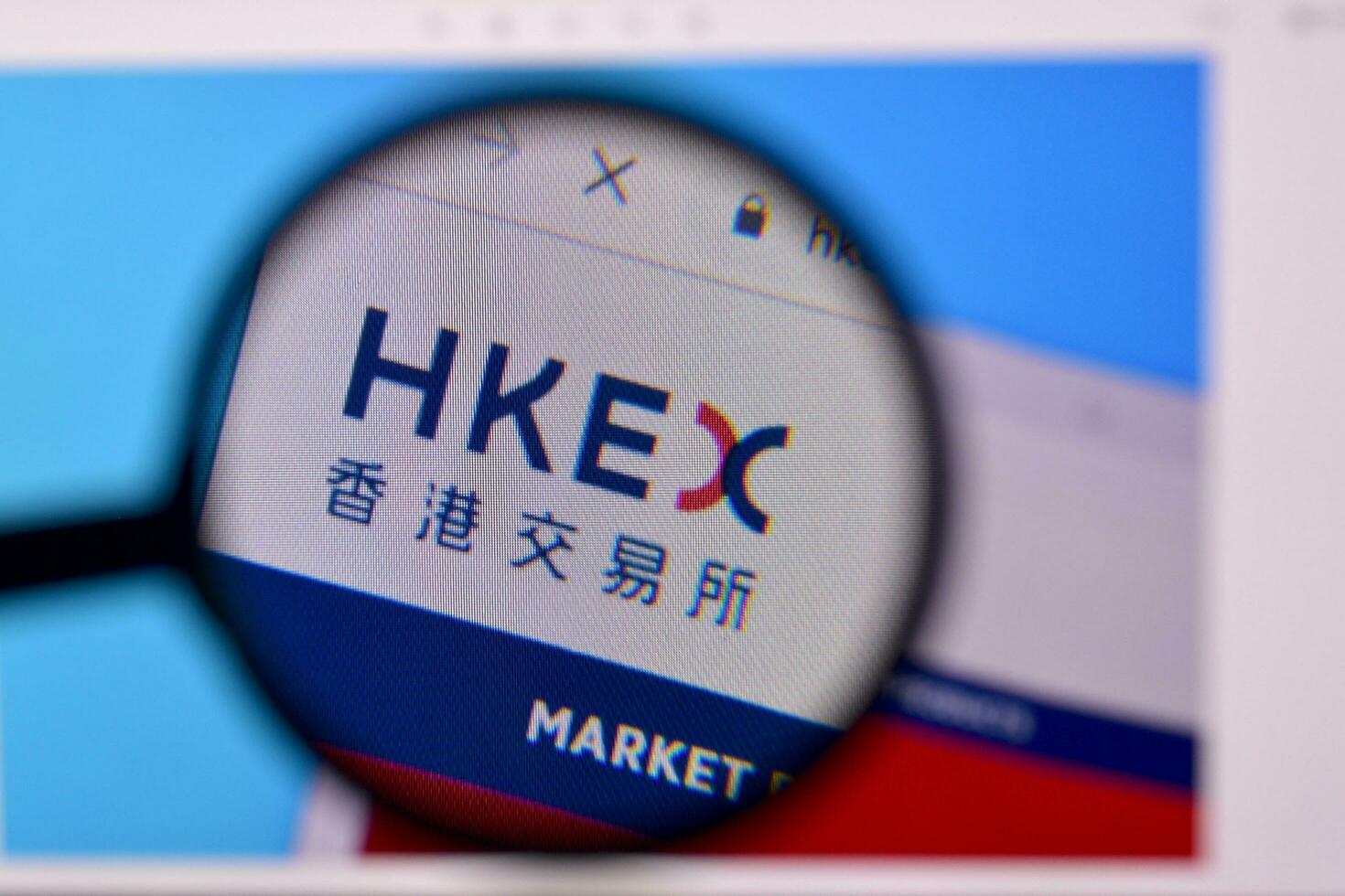 Homepage of hkex website on the display of PC, url - hkex.com.hk. photo