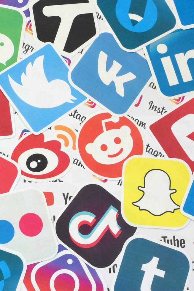 Many paper logos of popular social networks and internet resources. Colorful banner photo