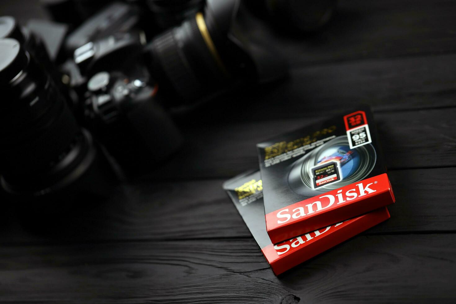 KHARKOV, UKRAINE - JANUARY 12, 2021 SanDisk Extreme pro sdhc 32gb new memory card for photo and video recording devices