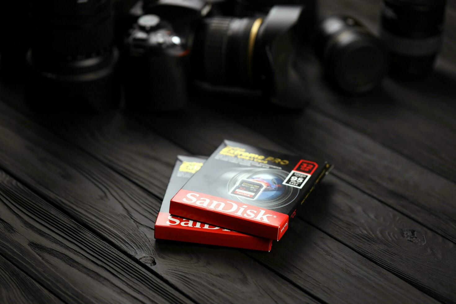 KHARKOV, UKRAINE - JANUARY 12, 2021 SanDisk Extreme pro sdhc 32gb new memory card for photo and video recording devices