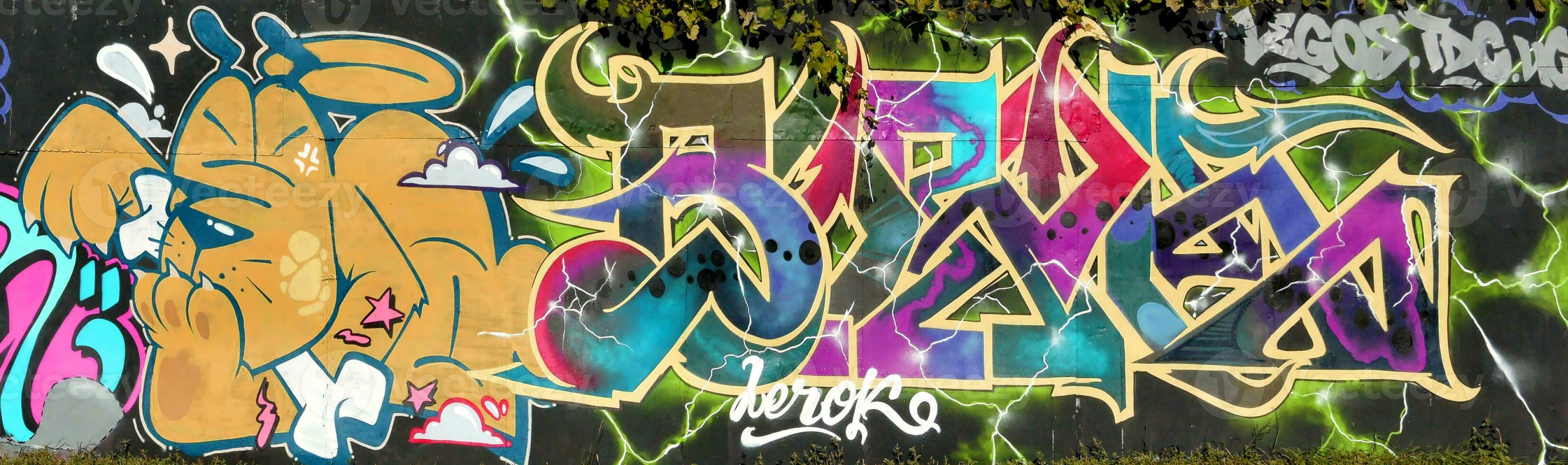Colorful background of graffiti painting artwork with bright aerosol strips on metal wall photo