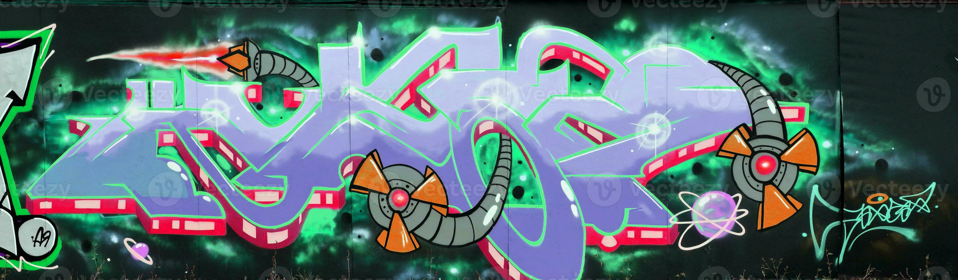 Colorful background of graffiti painting artwork with bright aerosol strips on metal wall photo