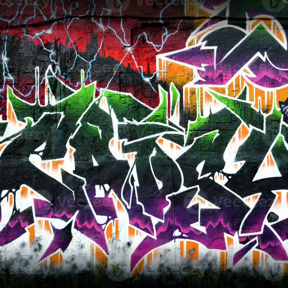 Colorful background of graffiti painting artwork with bright aerosol strips on metal wall photo