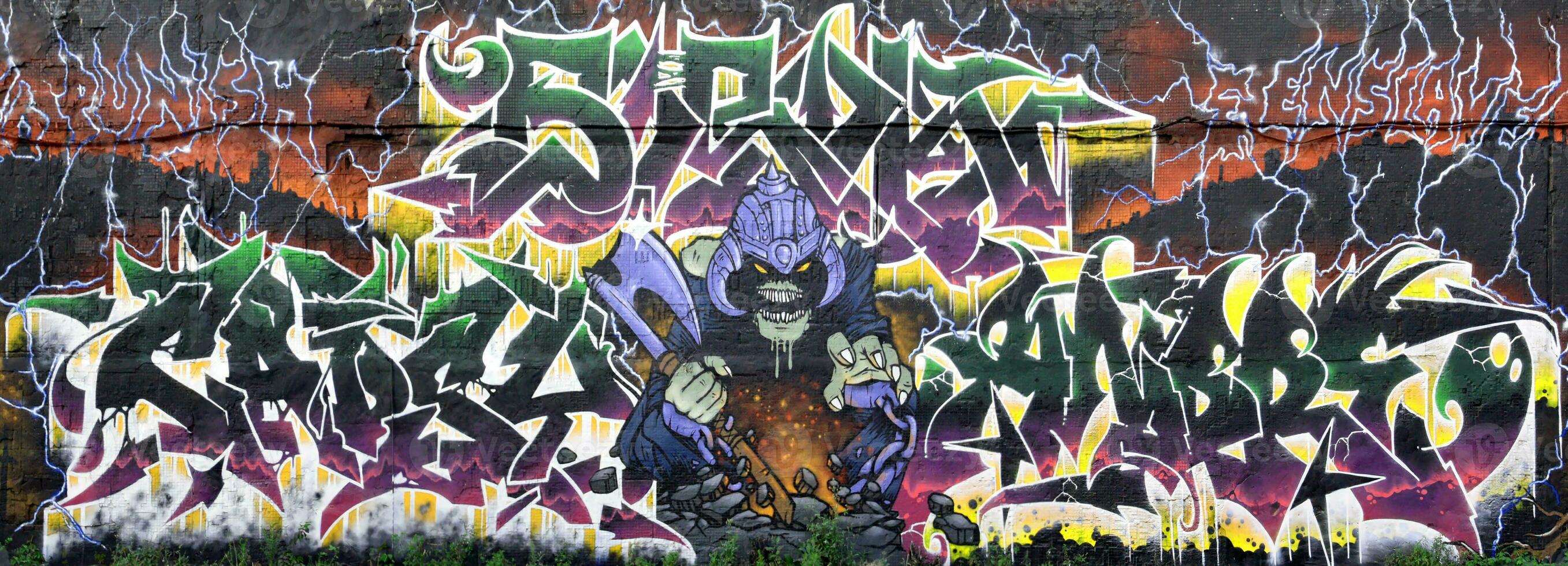 Colorful background of graffiti painting artwork with bright aerosol strips on metal wall photo