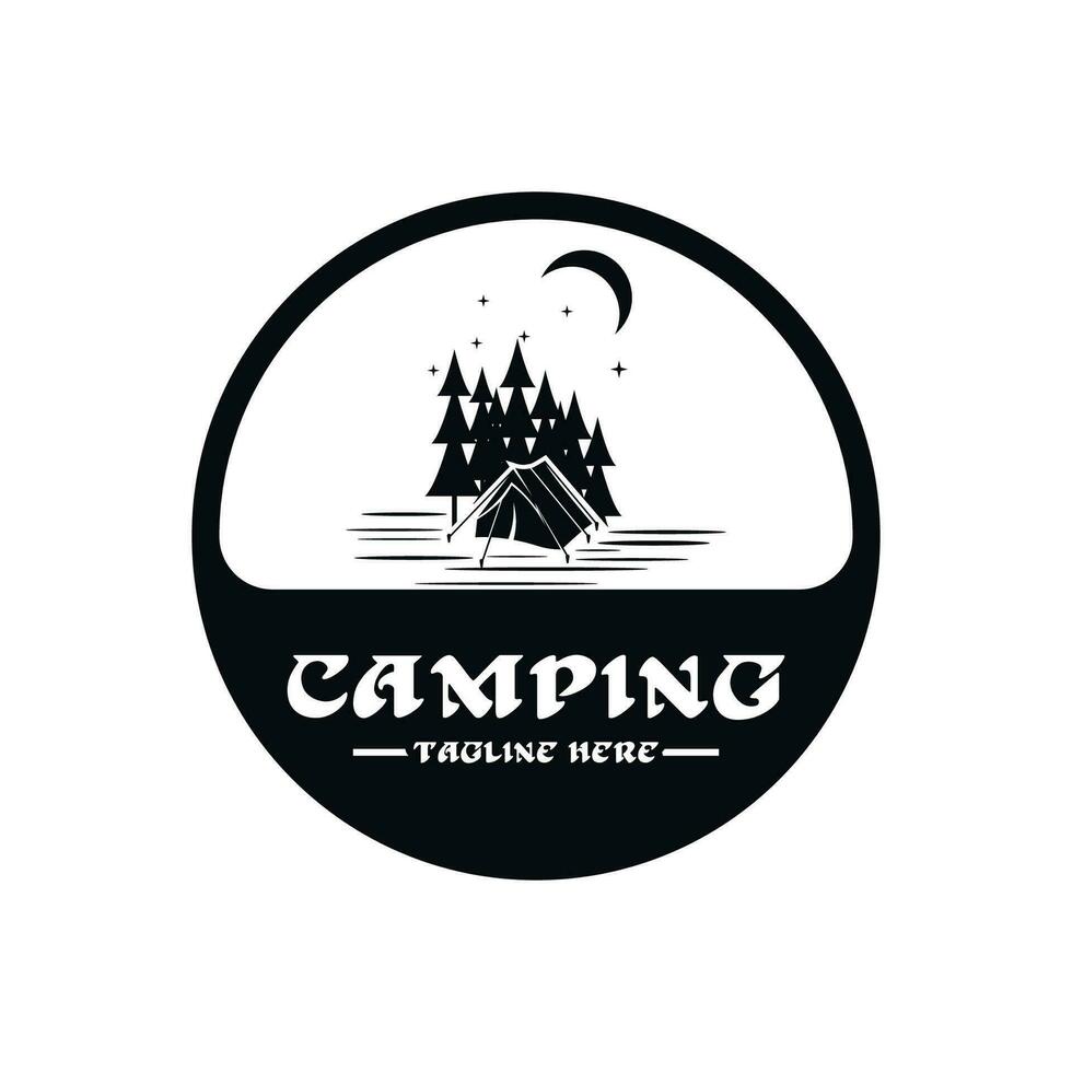 Pine trees and camping tent textured logo design vector